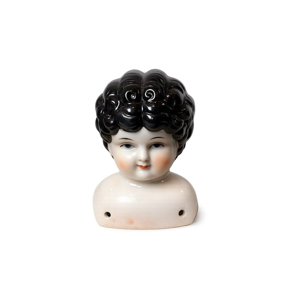 Vintage Made In Japan Porcelain Doll Head Bust Black Hair Vanity Decor